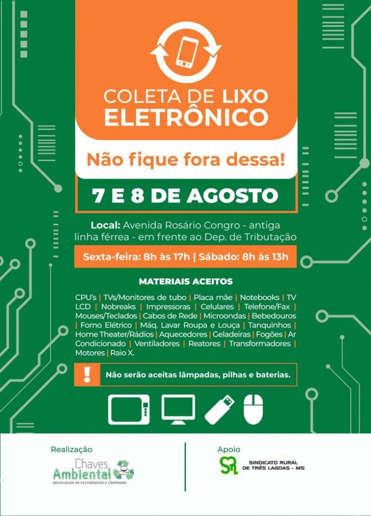 Coleta de Lixo Eletrônico será realizada nos dias 07 e 08 de agosto em Três Lagoas