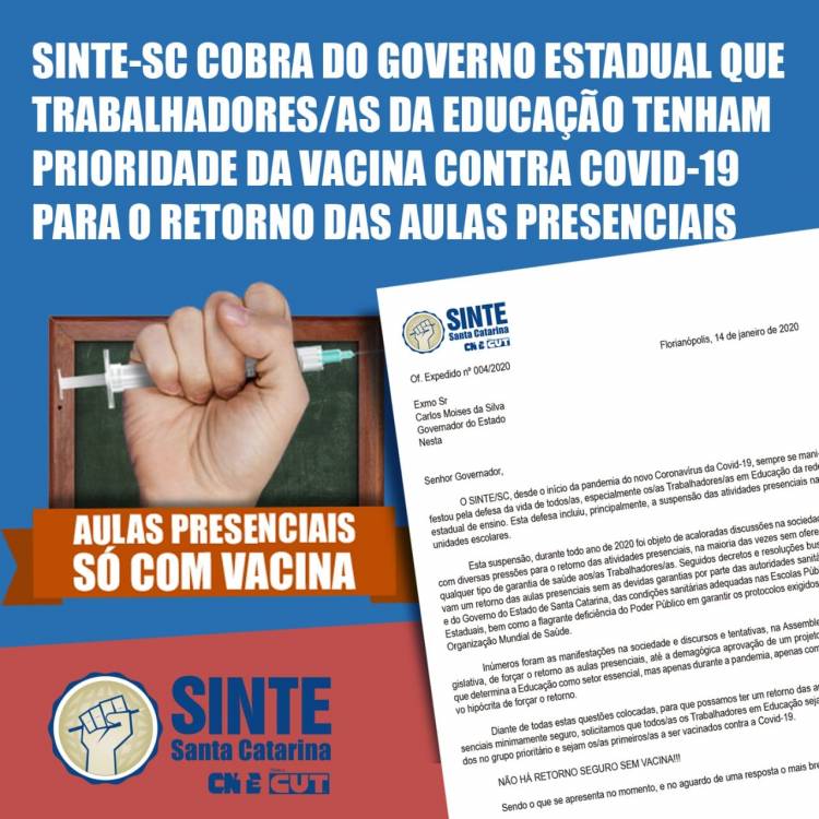 SC] A luta por direitos continua: SINTE cobra do governo vacinação nas primeiras fases para trabalhadores da educação