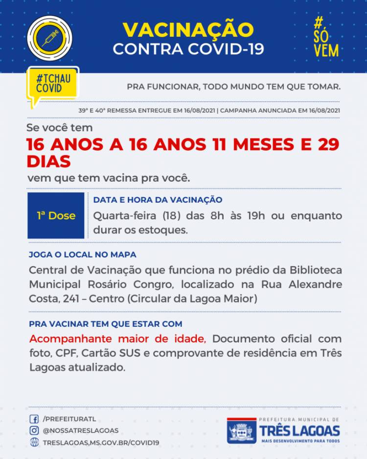 SMS orienta que pessoas com 16 anos devem estar acompanhadas de um responsável maior de idade para se vacinar contra convid-19 na quarta (18)