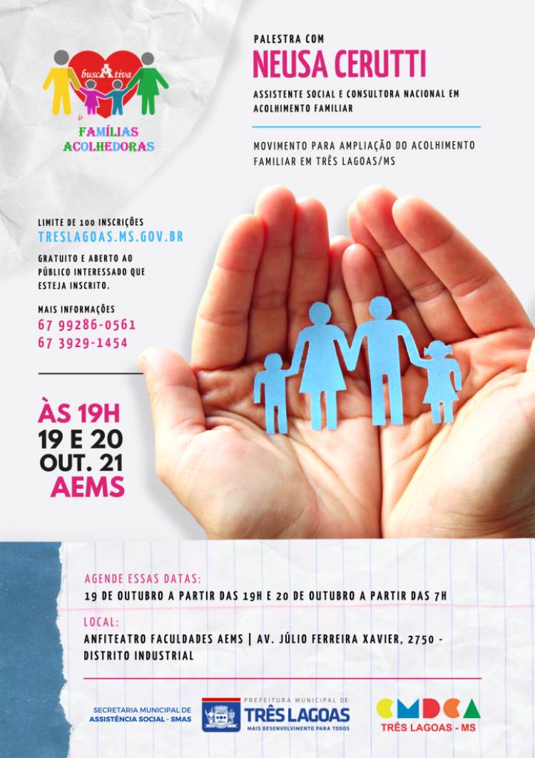 Assistência Social de TL promove nos dias 19 e 20/10 palestra com Neusa Cerutti sobre Acolhimento Familiar
