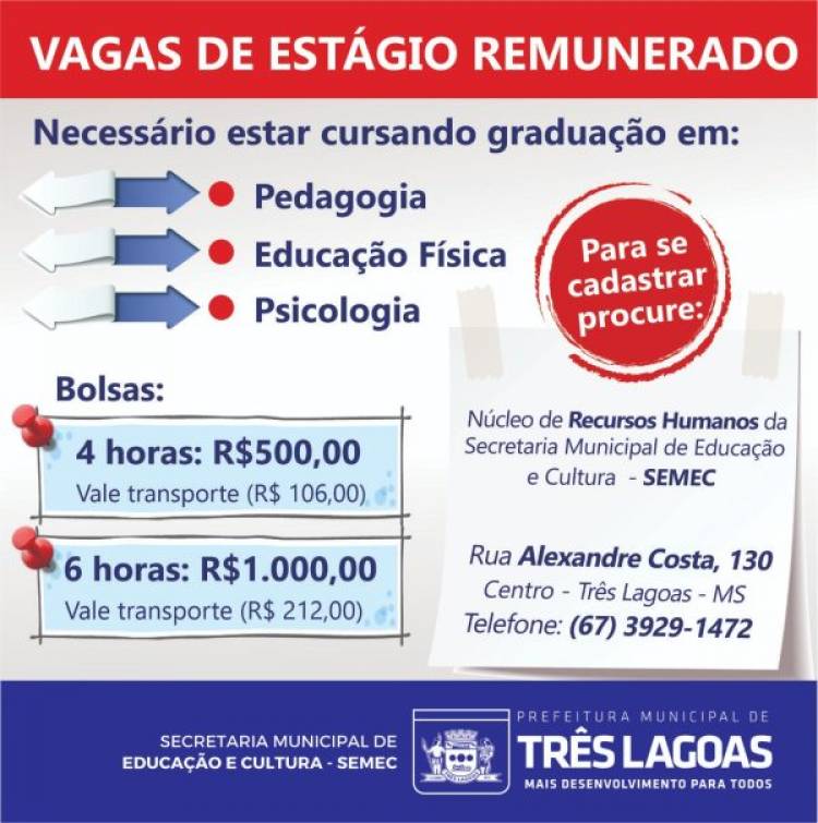 SEMEC está com vagas de estágio para atuar na Rede Municipal de Ensino