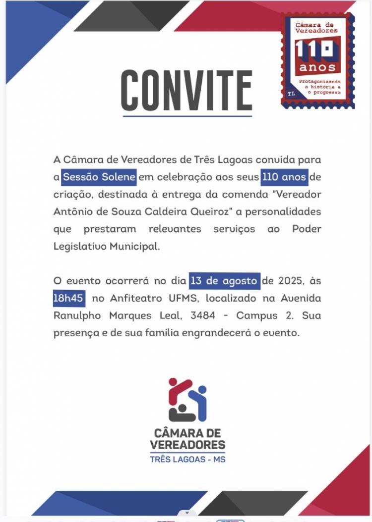 Aniversário de 110 anos da Câmara terá ato solene e concessão de comenda